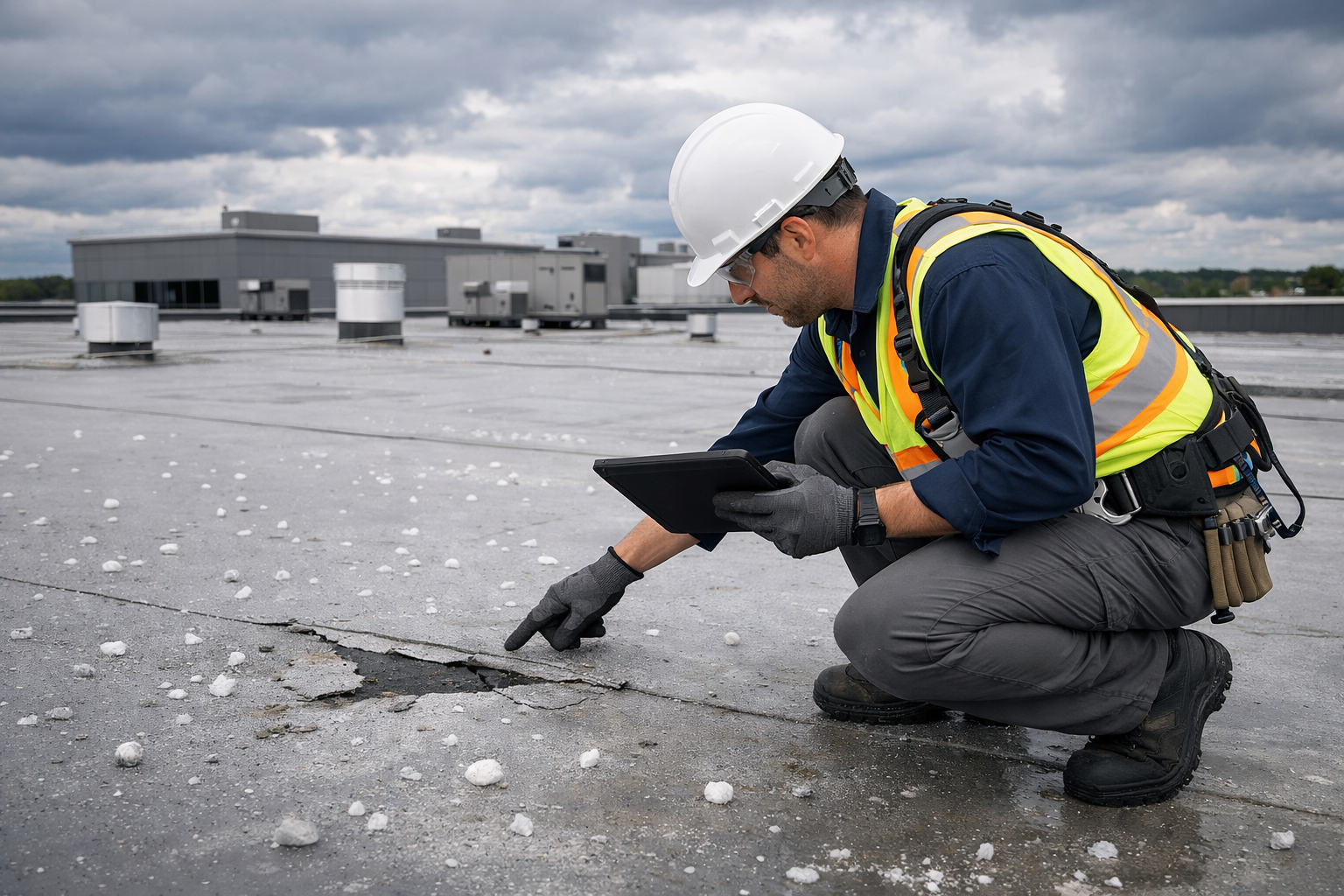 Contractor Assessing Storm Damaged Commercial Roof