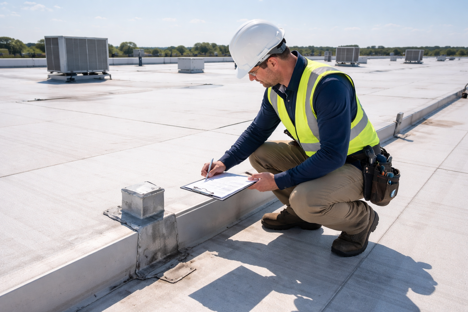 Professional Contractor Inspecting Flat Commercial Roof