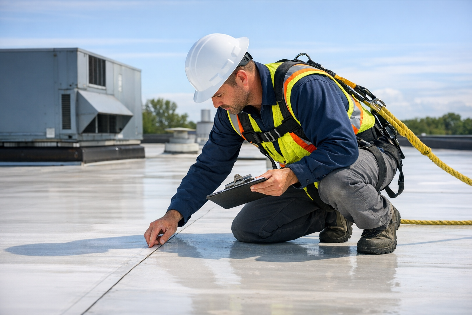 Contractor Inspecting Flat Commercial Roof
