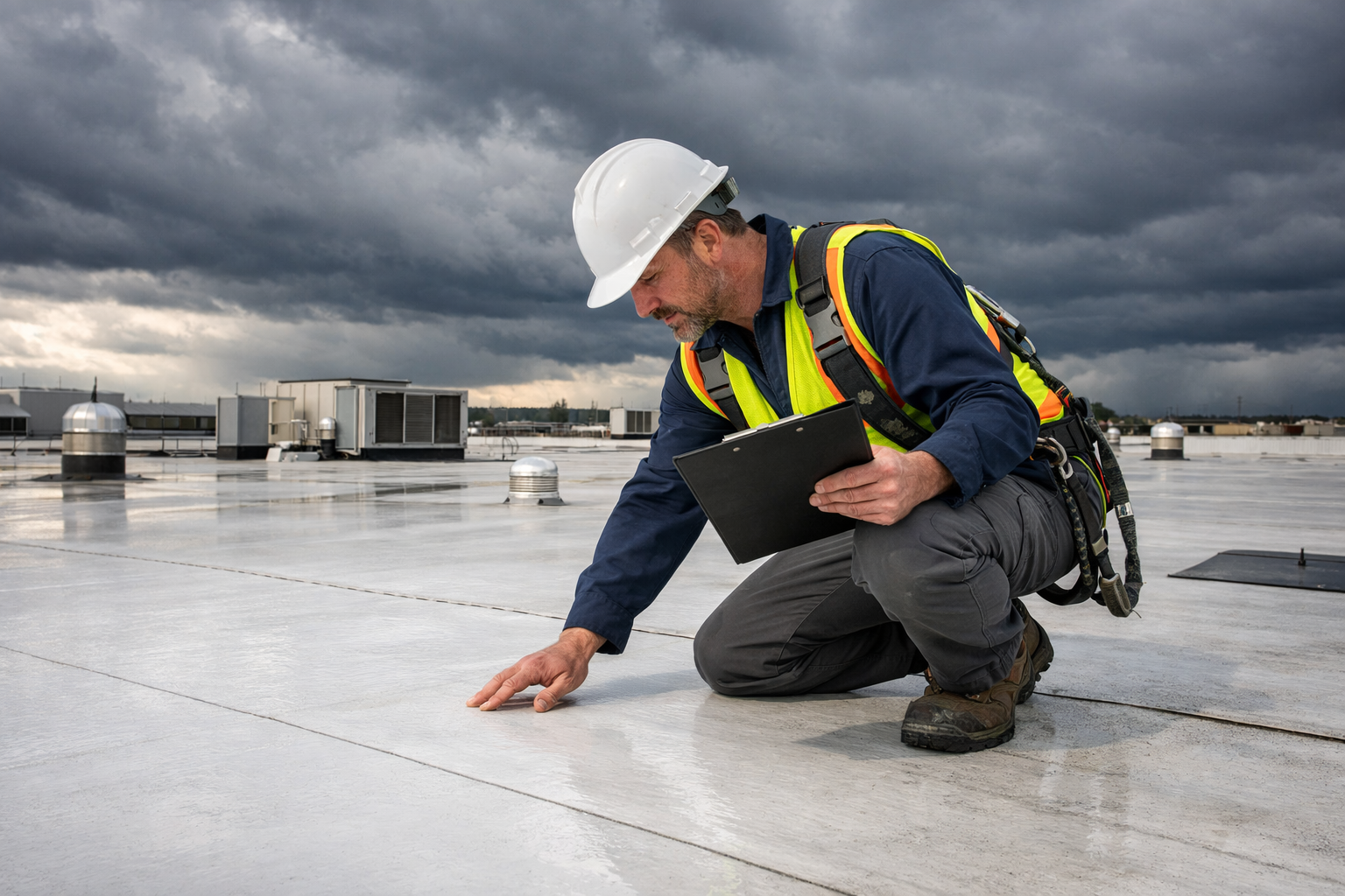 Contractor Inspecting TPO Commercial Roof