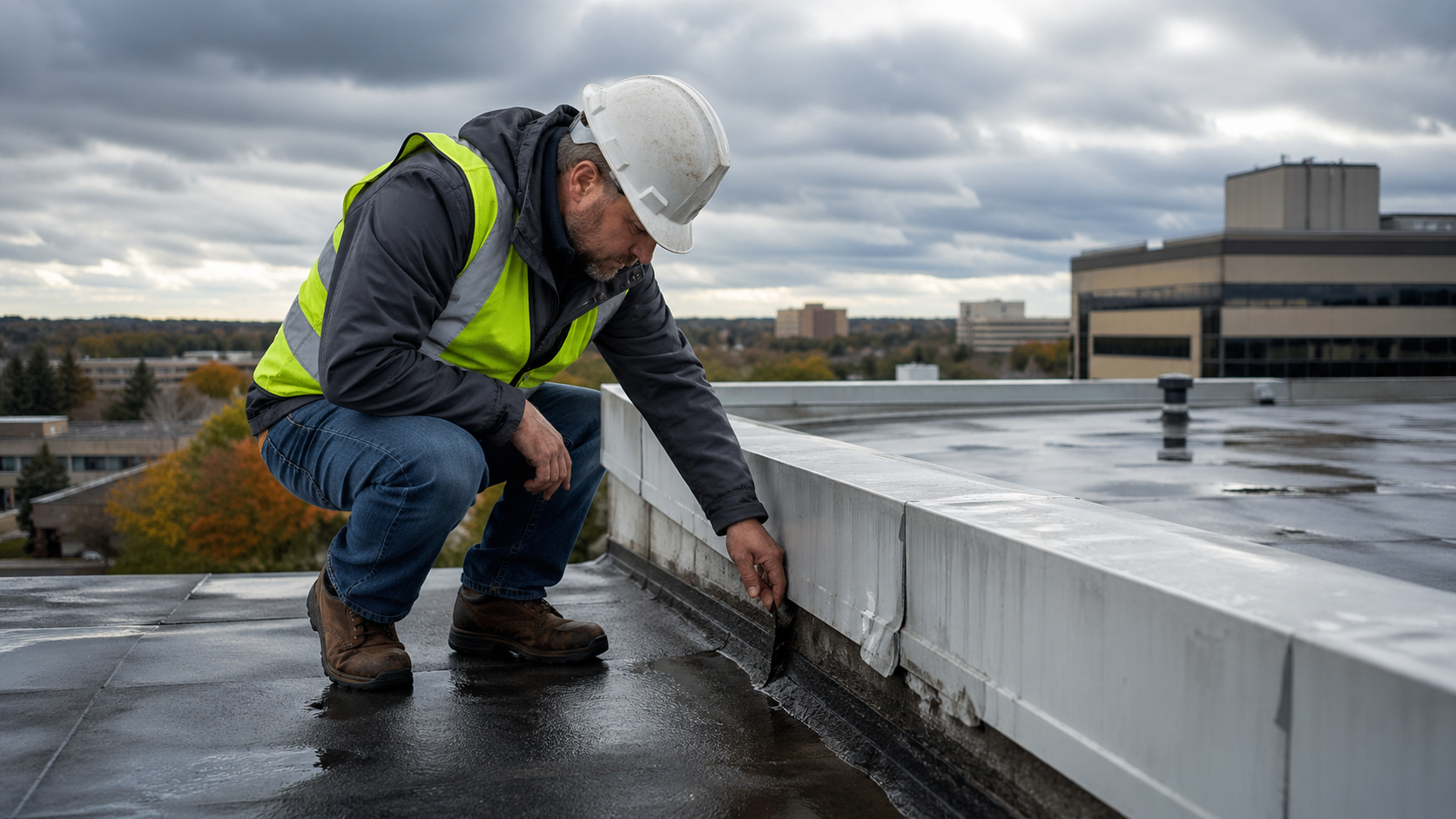 Contractor Inspecting Flat Commercial Roof