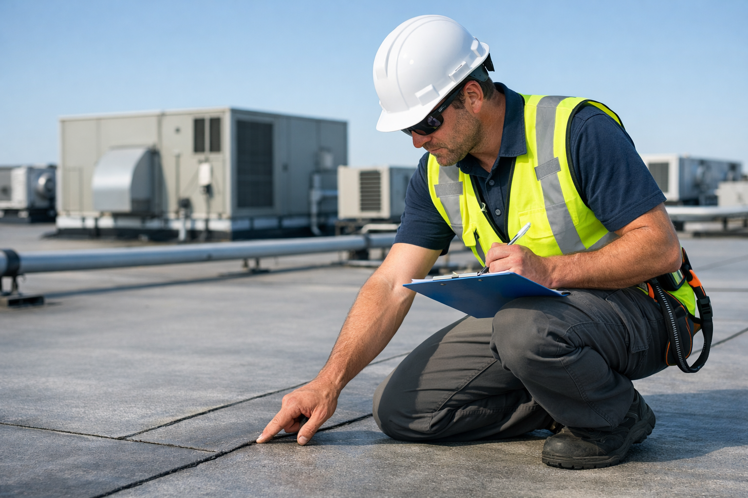 Contractor Inspecting Flat Commercial Roof