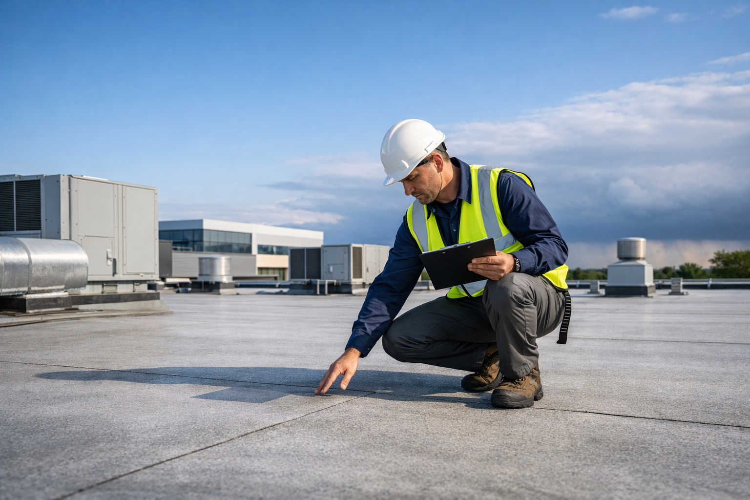 Flat Roof Inspector Assessing Storm Damage Risk