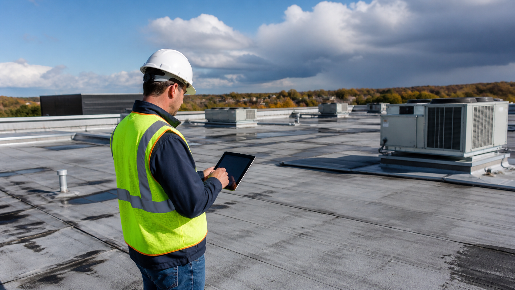 Contractor Inspecting Flat Commercial Roof