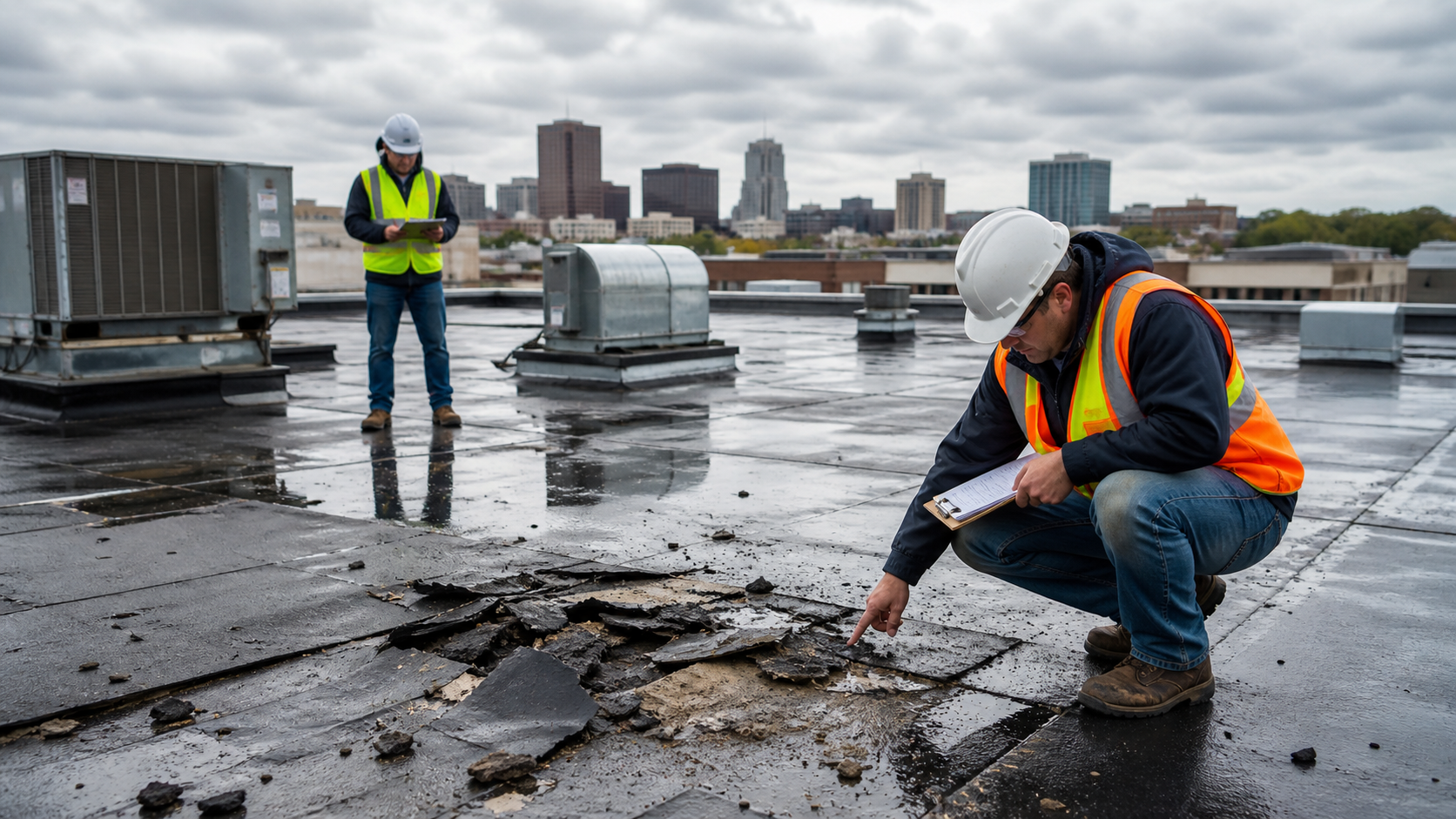 Contractors Inspecting Storm Damaged Flat Roof
