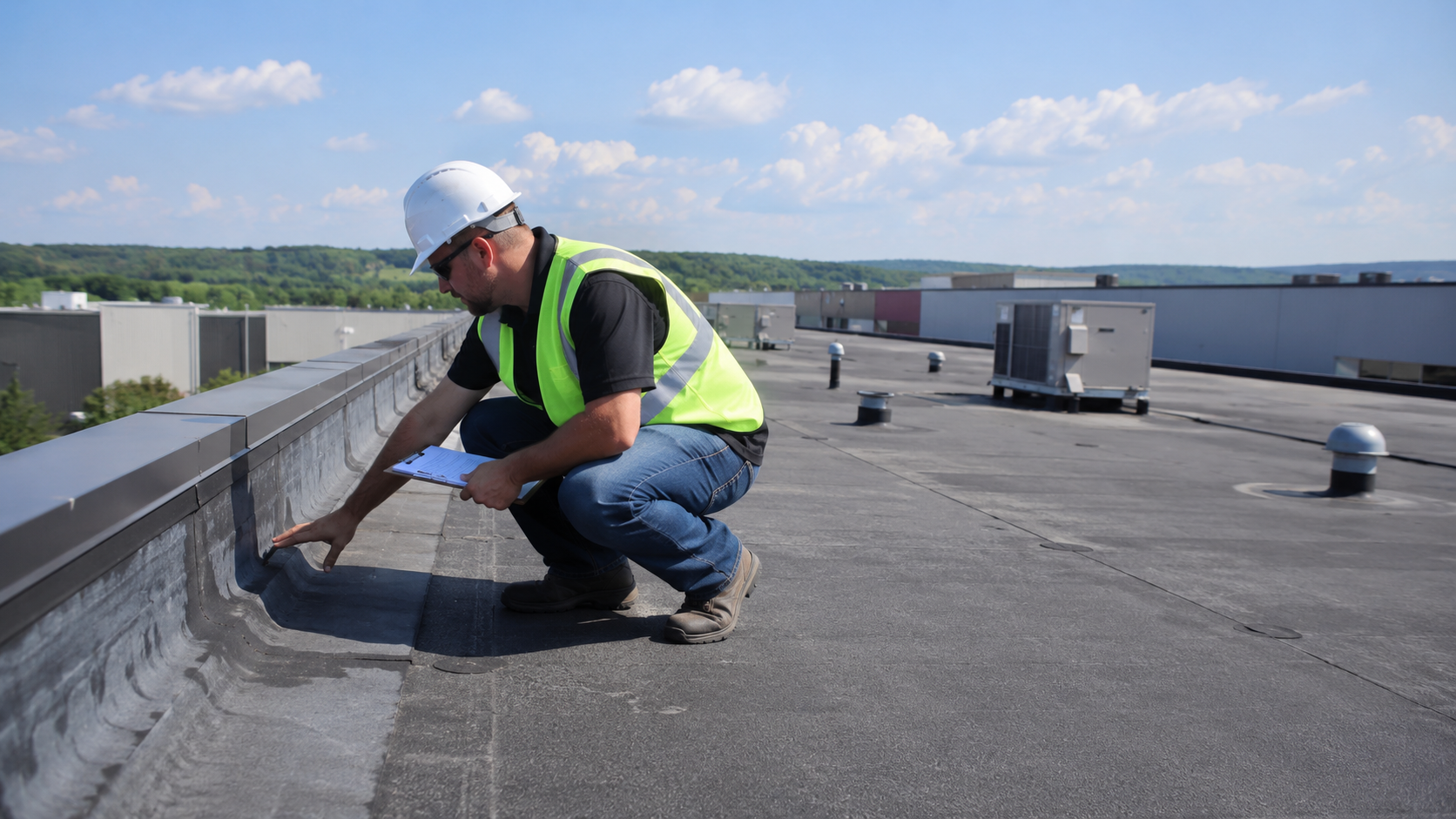 Contractor Inspecting Flat Commercial Roof
