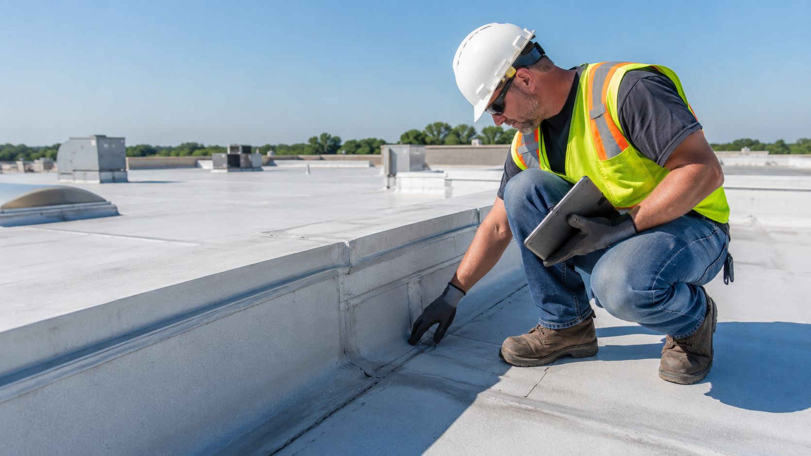 Contractor Inspecting Flat Commercial Roof
