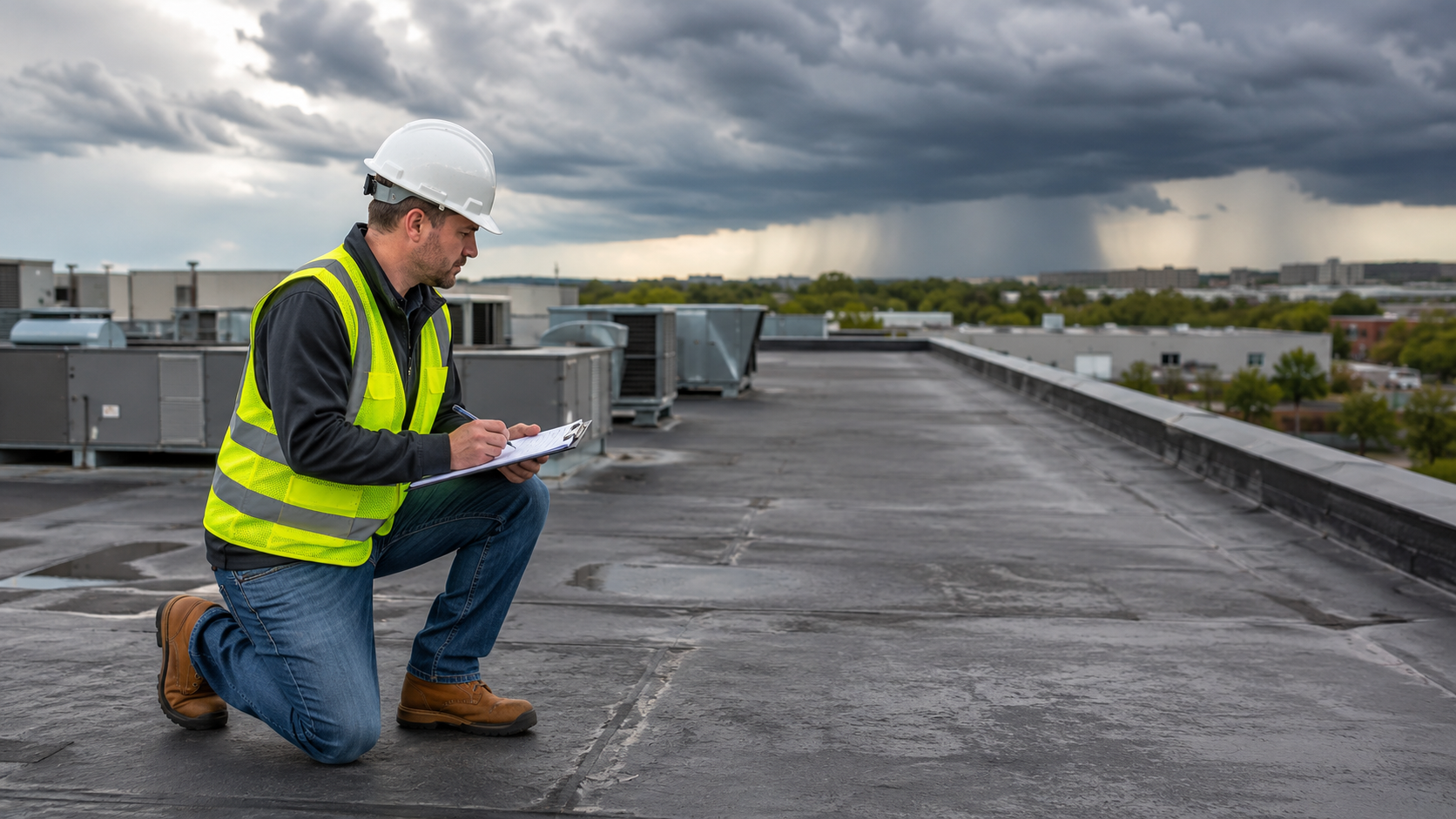 Contractor Inspecting Flat Commercial Roof