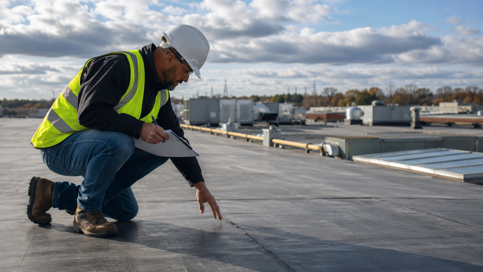 Contractor Inspecting Flat Commercial Roof