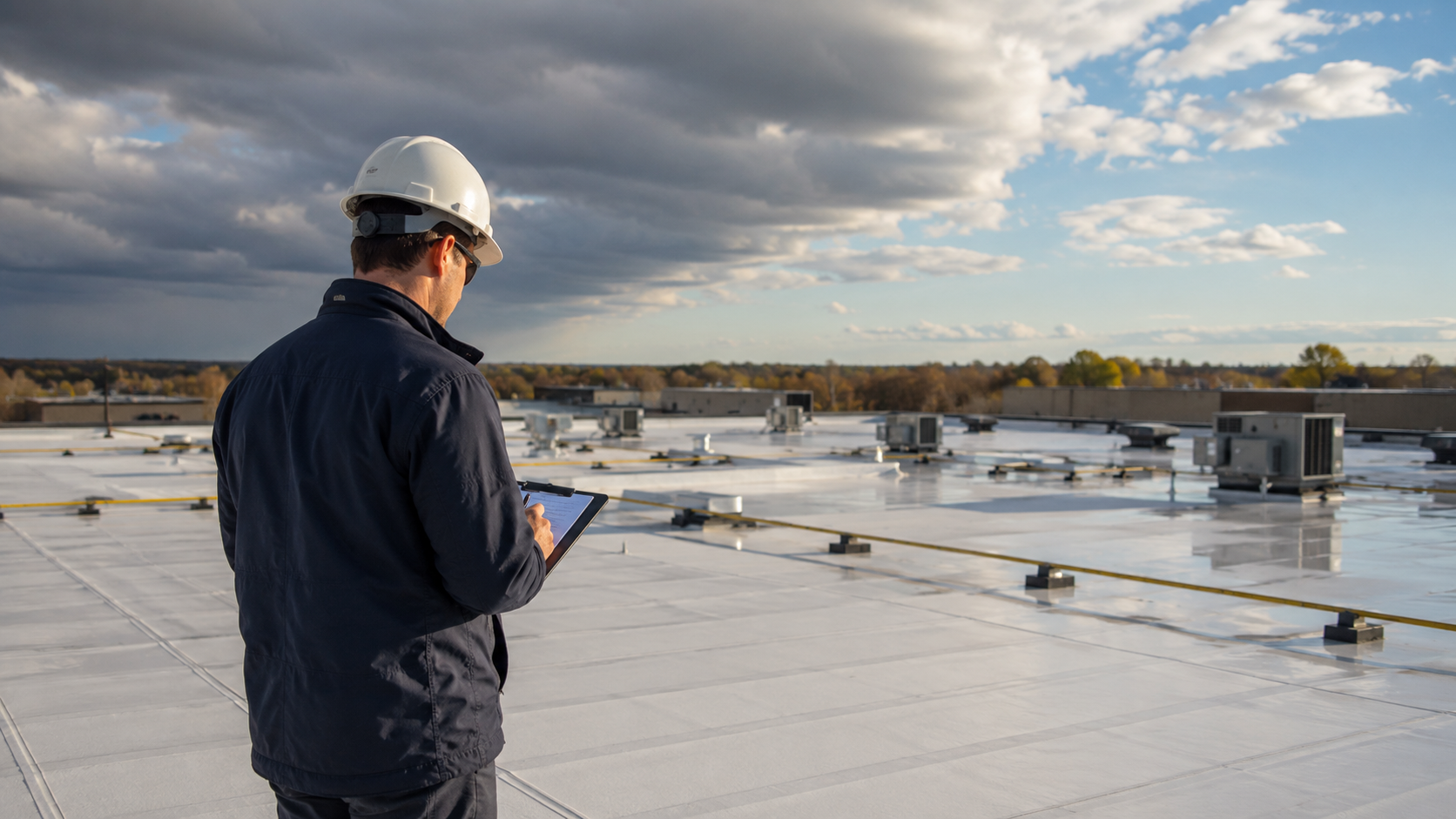 Professional inspector performing a commercial roof inspection on a flat roofing system for preventative maintenance and asset management.