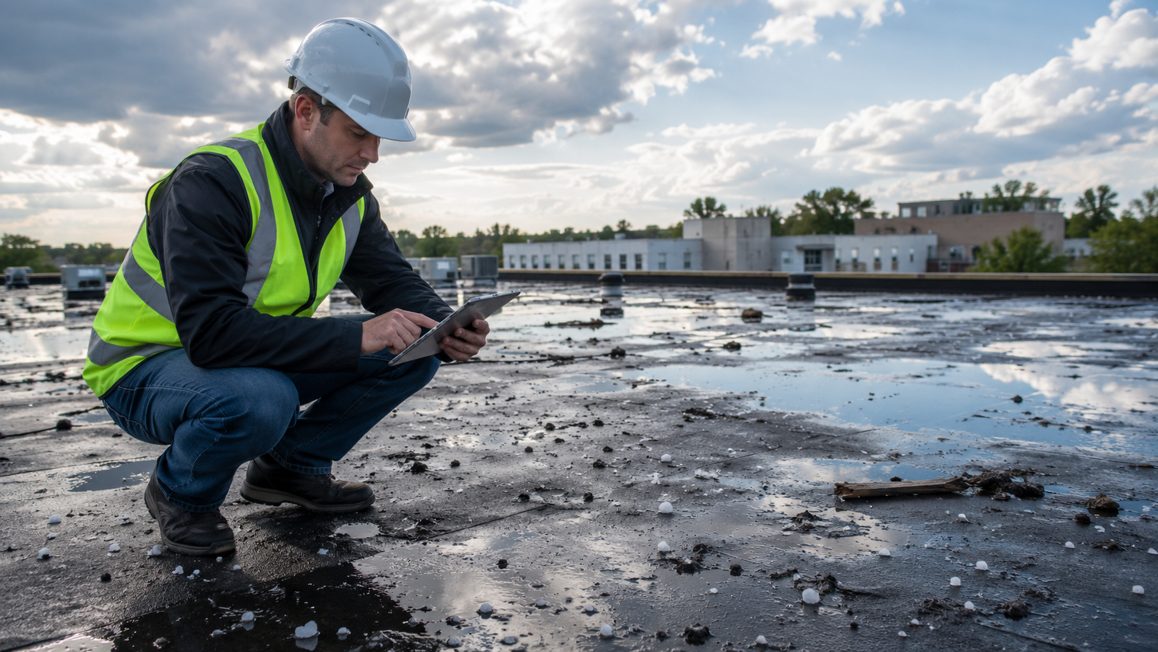 Contractor Assessing Commercial Storm Roof Damage