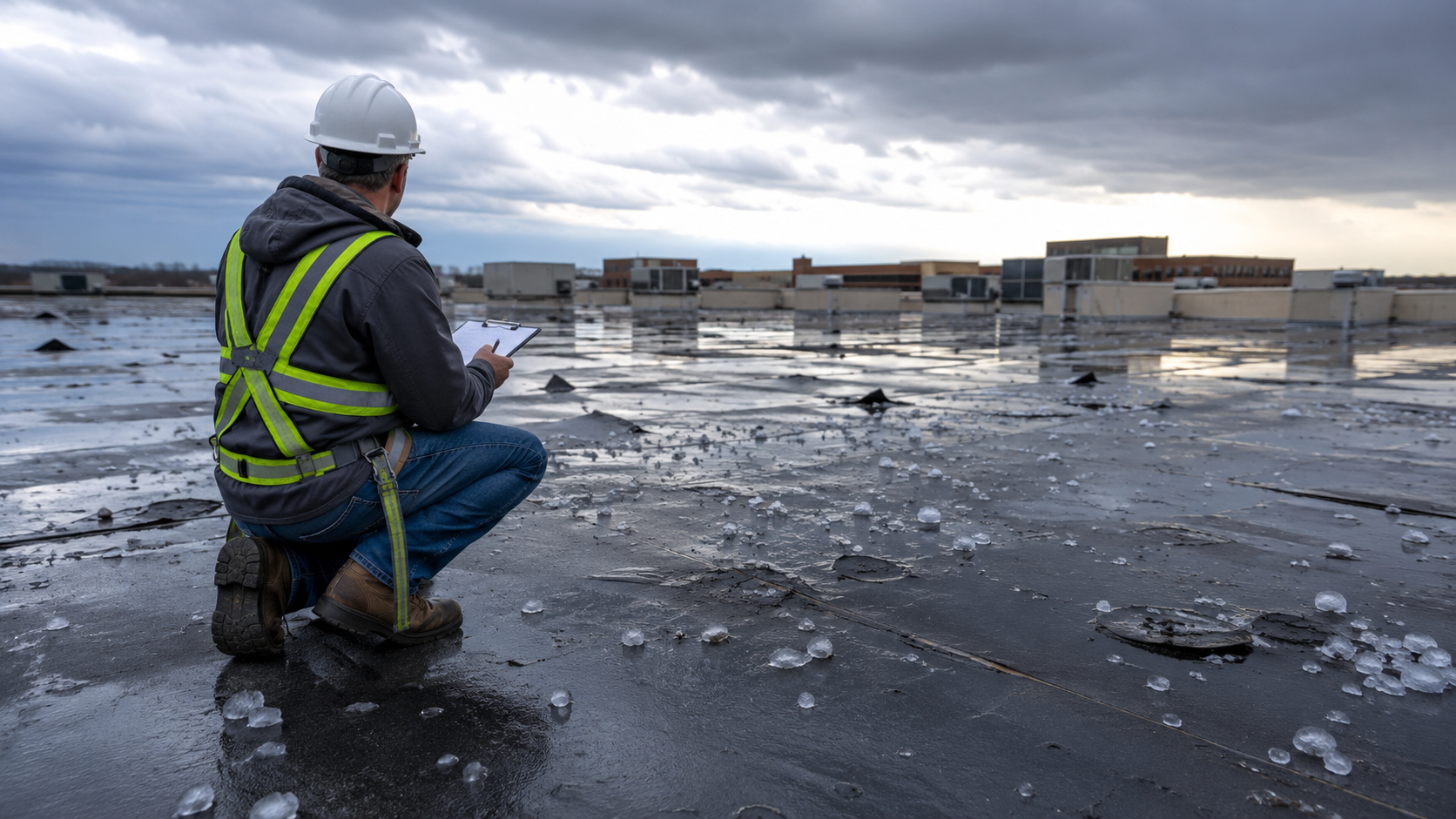 Commercial Roofing Contractor Inspecting Storm Damage